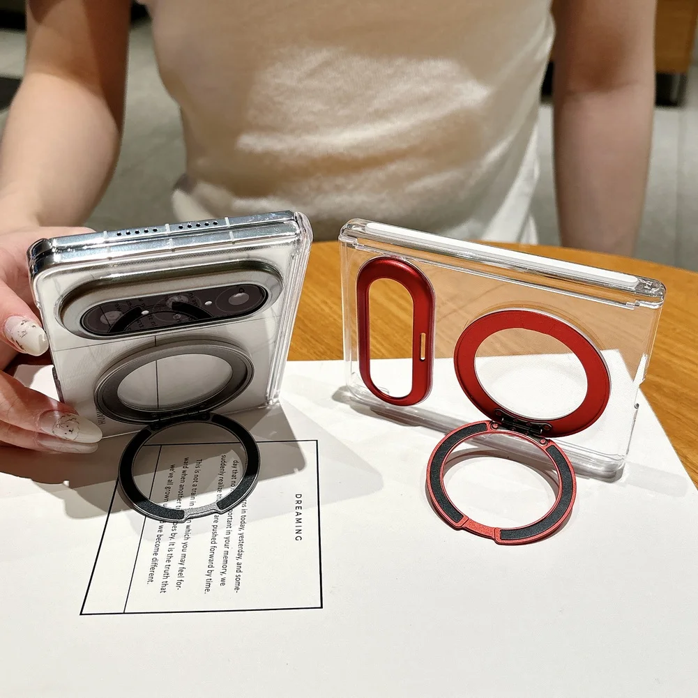 Supporto ad anello rotante in metallo con asse centrale magnetico per Huawei Pura X Max, cover trasparente per telefono con lente rimovibile._voghion.com