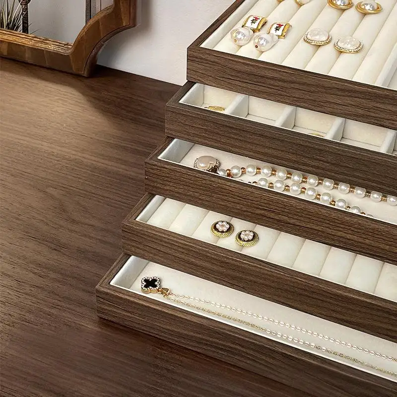 Elegant Walnut Wood Grain Jewelry Display Tray - Retro-Style Storage for Earrings, Rings, Necklaces, and Pendants