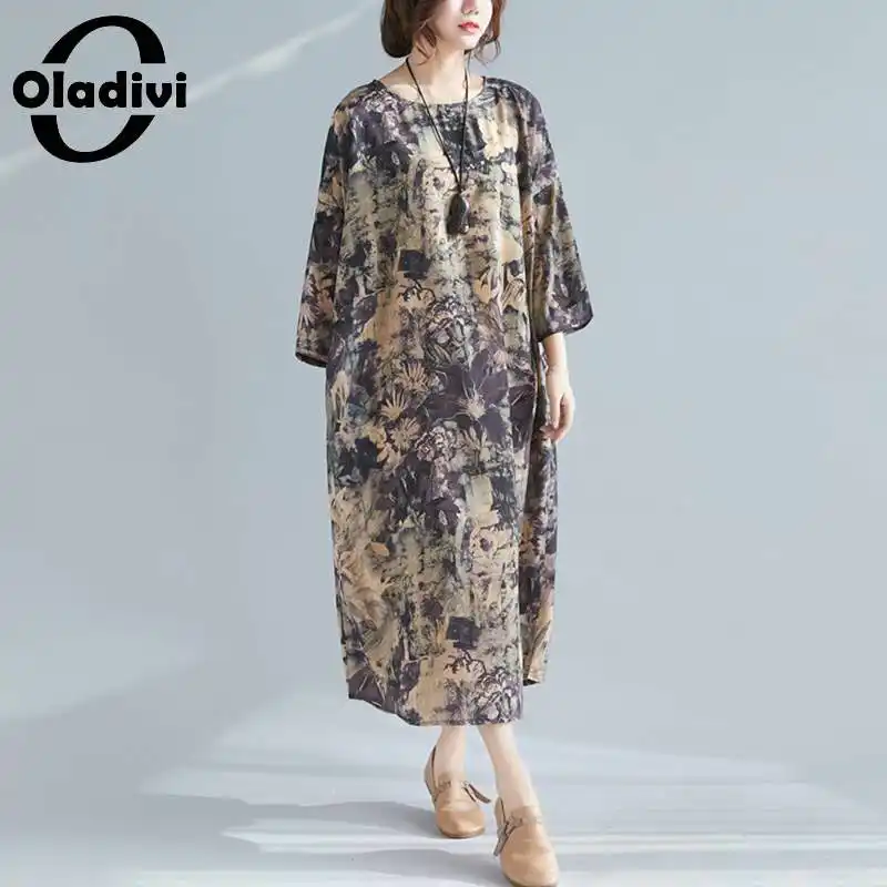 

Oladivi Oversized Women Fashion Print 3/4 Sleeve Long Dress Casual Loose Summer 2022 New Tunic Ladies Maxi Dresses Robe Vestidio