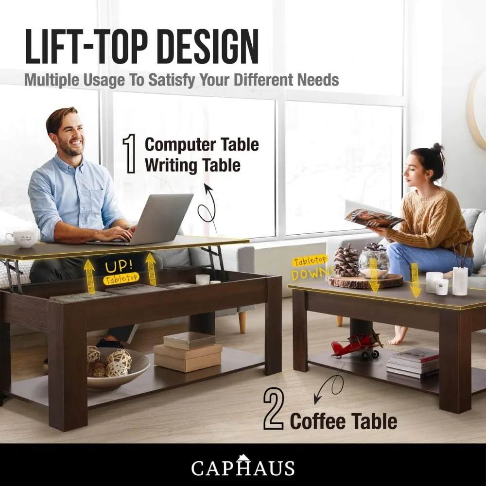 47'' Espresso Lift Top Coffee Table with Hidden Storage Compartment & Lower Shelf, Table Design for Living Room 5