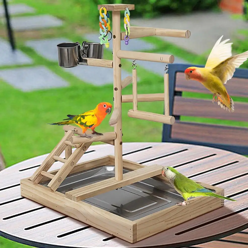 Parkietenspeelplaats in kooi, kleine vogelstandaard, houten vogelspeeltrap, staande paalschommel, speelgoed voor dwergpapegaaien, valkparkiet, multifunctioneel ontwerp - product feature