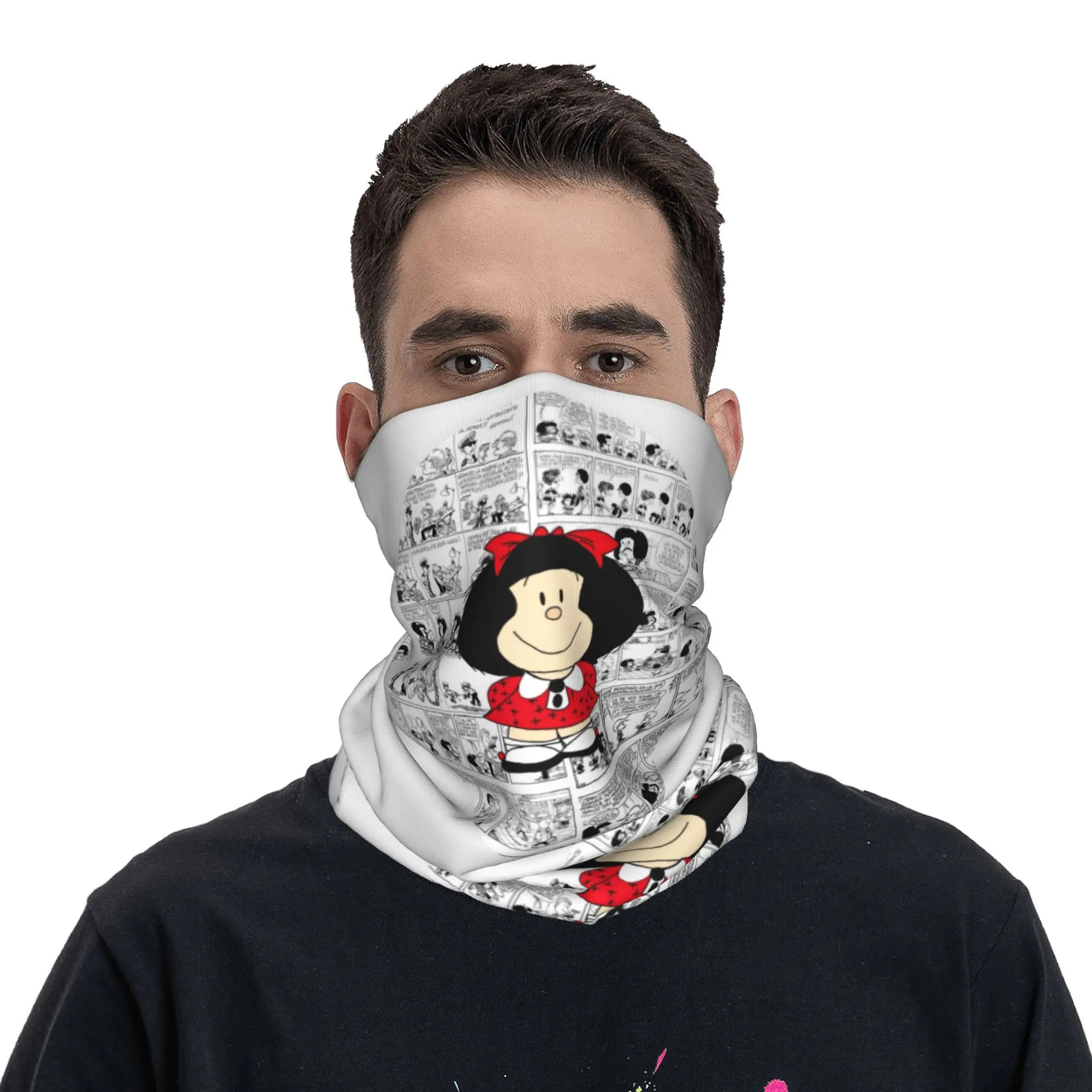 Mafalda Cartoon Quino Comics Bandana Neck Gaiter Windproof Face Scarf Cover Women Men Headband Tube Balaclava
