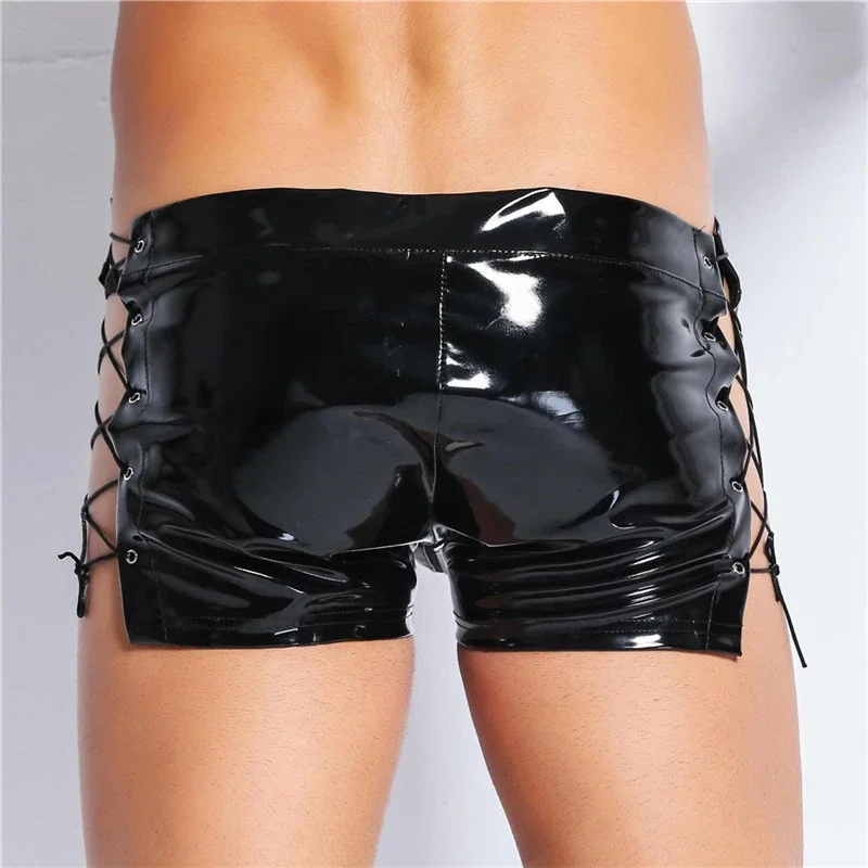 sexy lingerie Shorts Hot Men Latex PVC open crotch zipper leggings Shorts Fetish Gay Faux Leather Lace Up Short Pants clubwear