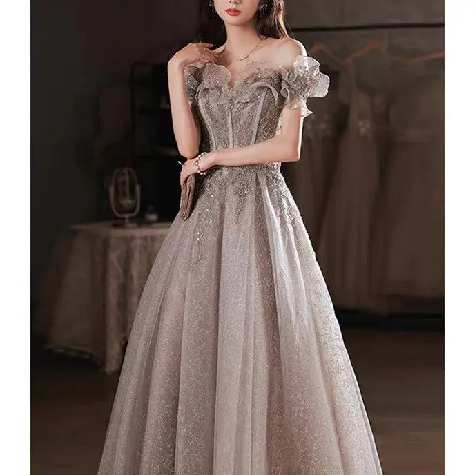 Elegant Evening Dresses Strapless A-Line Off The Shoulder Sequin Beaded Bandage Shiny Slim Backless Floor-Length Celebrity Gowns