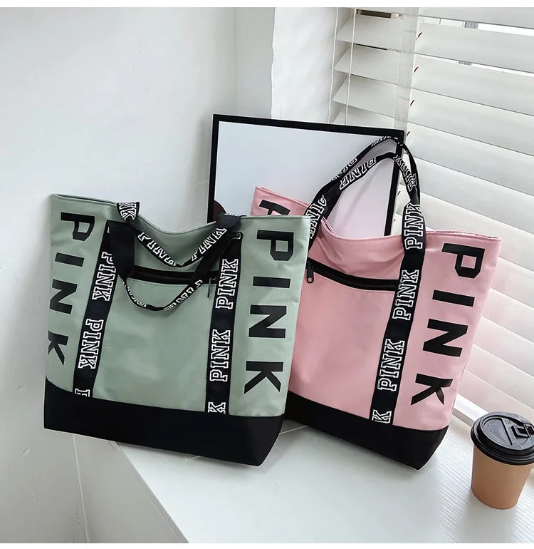 Sports Fitness Tote Bag Nylon Fabric Women Handbag Pink Letter Graphic Shoulder Bag Casual