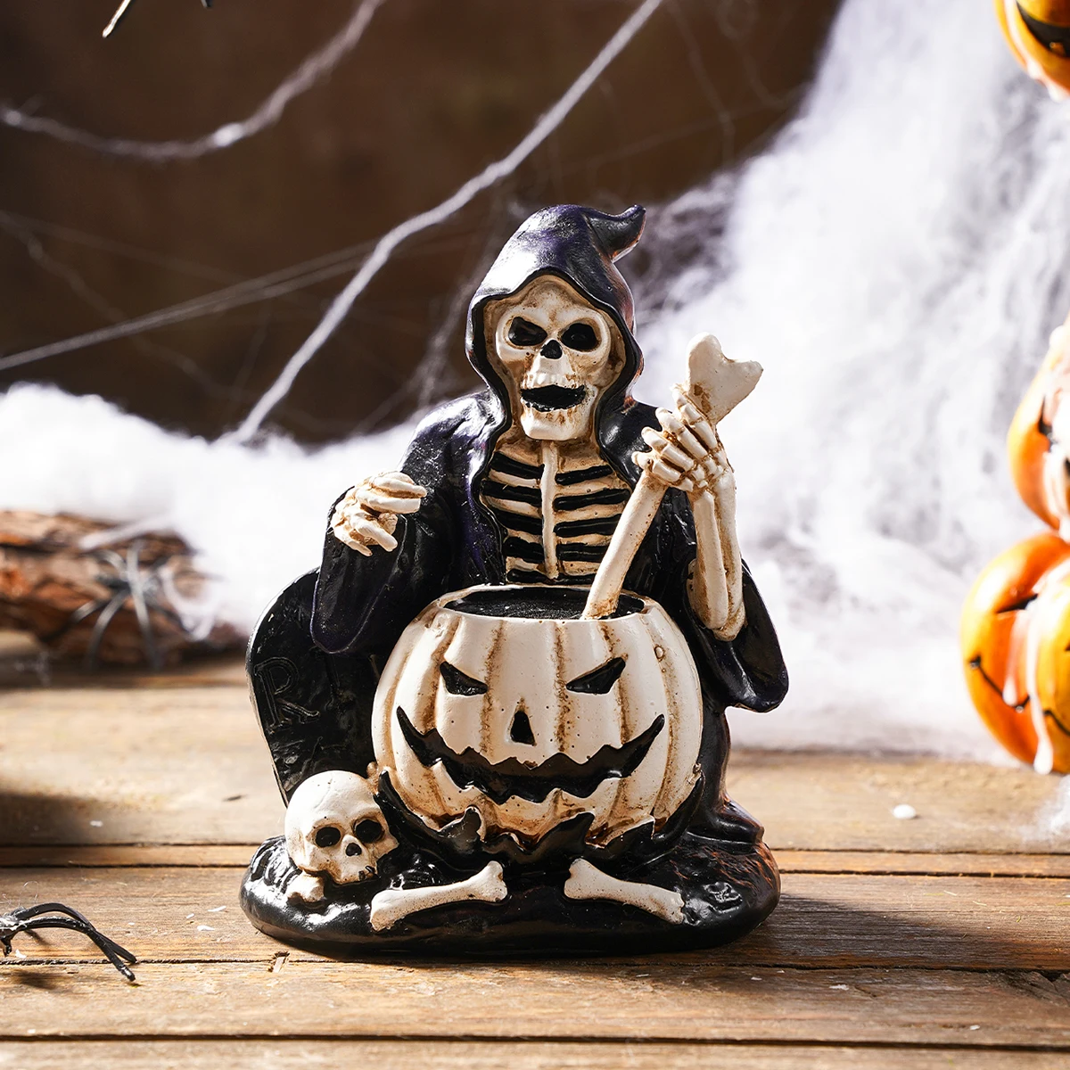 1PC, Halloween Deco retro and funny skull medicine decoction decorative statue, resin material decorative handicraft