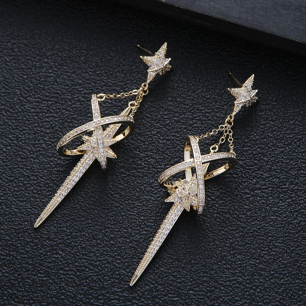 

Luxury Fairy Star Cross Drop Earring For Women Wedding Party Indian Dubai Bridal Jewelry Boucle D'oreille Femme A20242