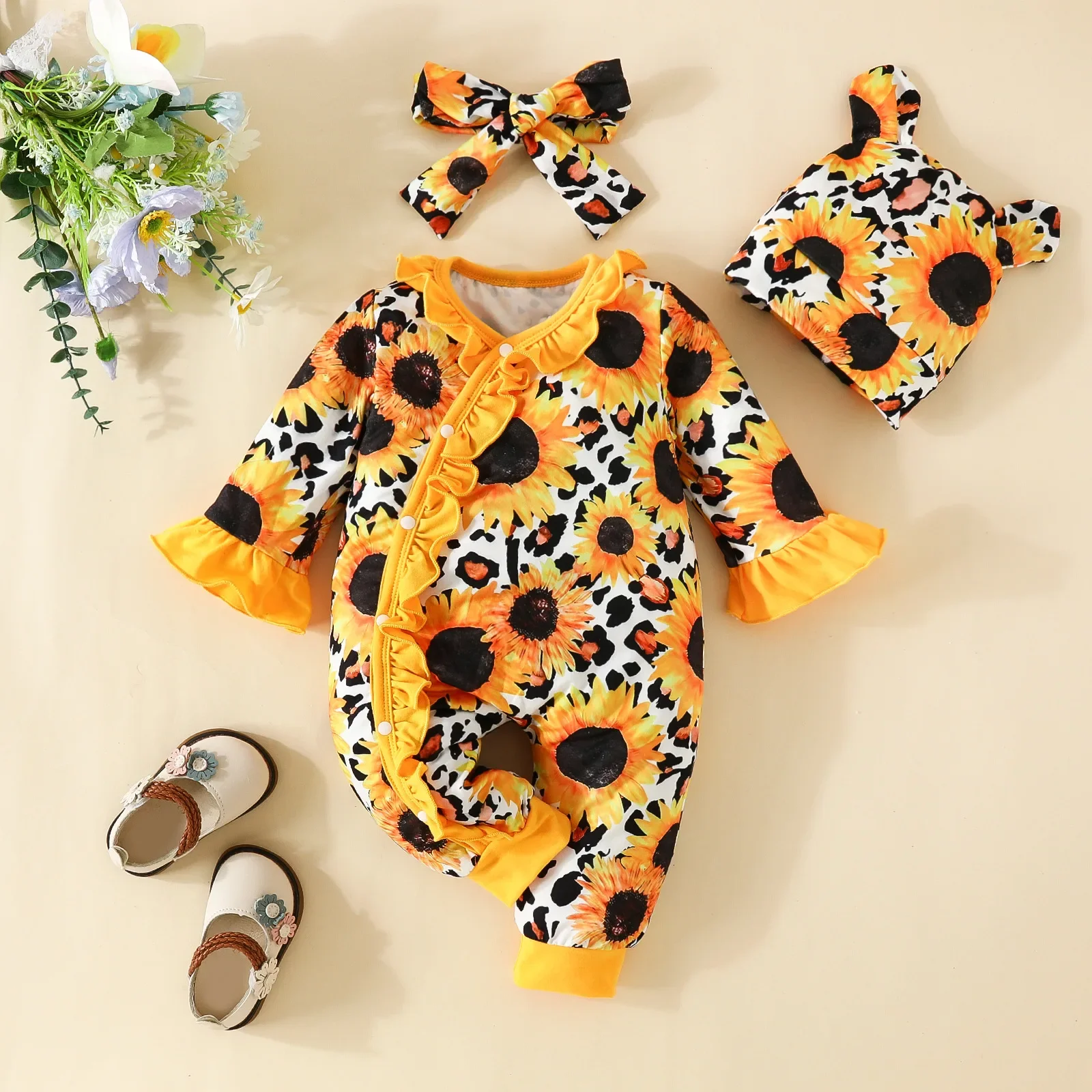 Baby Girl Newborn Onesies Romper 1-18Months Floral Cute Lace Clothing Set with Hat Infant Long Sleeve Cute Tiny Button Jumpsuit 6