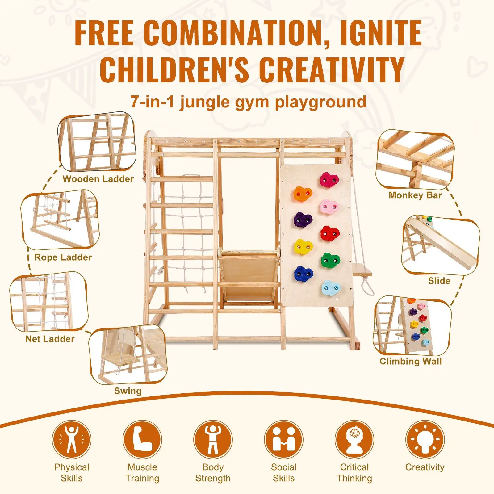 47.2 x 58 x 56in 7-in-1 Toddler Indoor Playground, Indoor Jungle Gym, 2