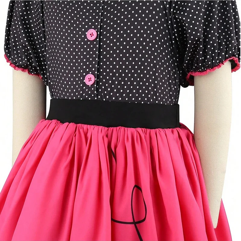 Vintage 1950er Pudelkleid für Mädchen, Sommerliches Polka-Dot-Prinzessinnenkleid mit Schals, Brille und Stirnband, Kinder-Geburtstagskleid – Detail 9
