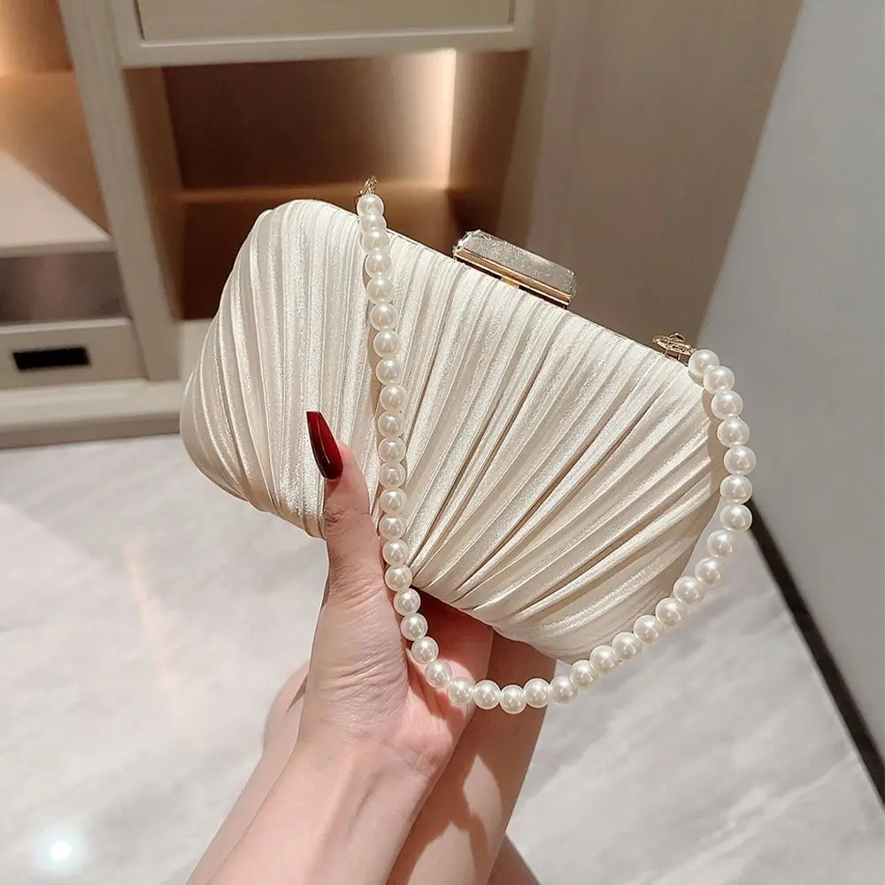 

Silk Evening Bag Luxury Pearl Chain Banquet Clutch Purse Wedding Party