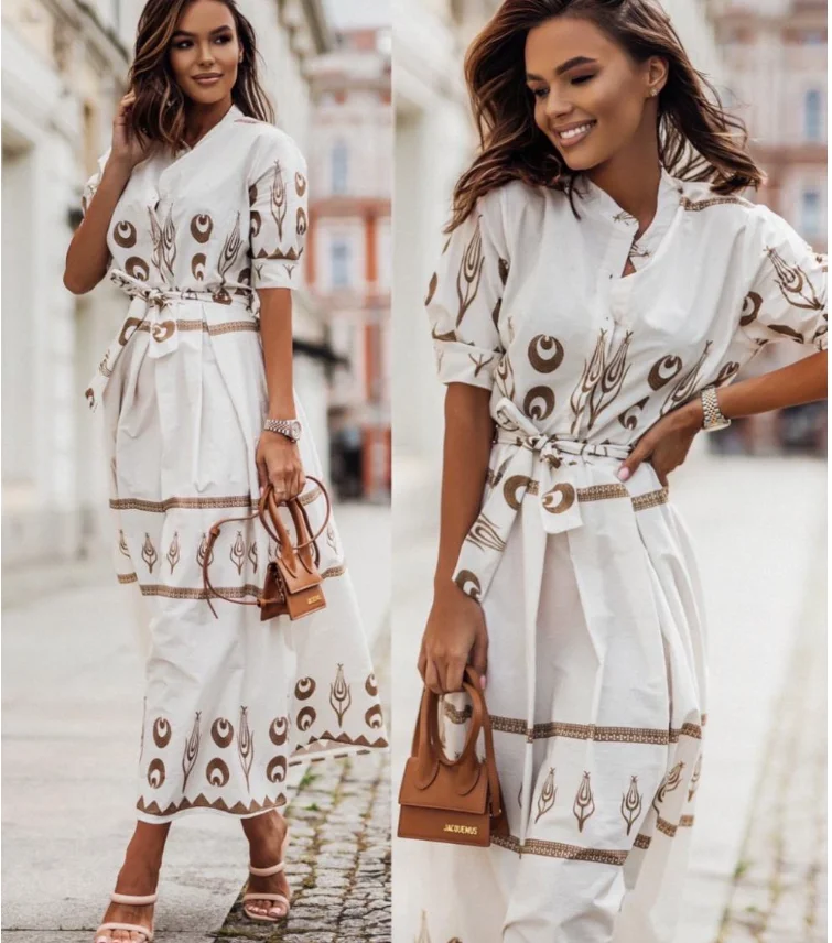 Dress Women Summer 2022 Linen Short Sleeve Tall Waist Belt