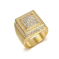 HIP hop Signet Ring for Men, gold color Square Top Stainless Steel rhinestone Finger Band, Gothic Punk Rock Boy Stamp Rings 1