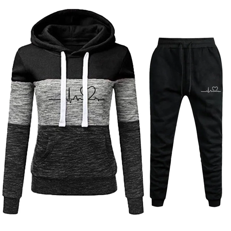 New Women's Long sleeved Pants Set Wool Pullover Sweatshirt Tri Color Panel Hoodie Top+Sweatpants Set Plus Size S-4XL