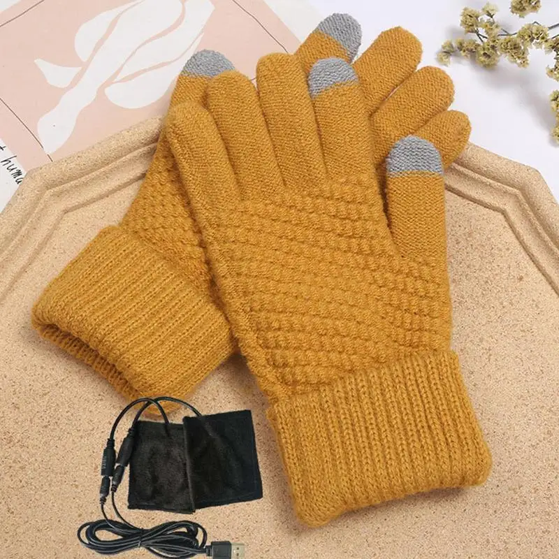 Heated Gloves For Women Velvet USB Heating Mittens Winter Hands Warm Gloves Touchscreen Jacquard Knitted For Outdoor