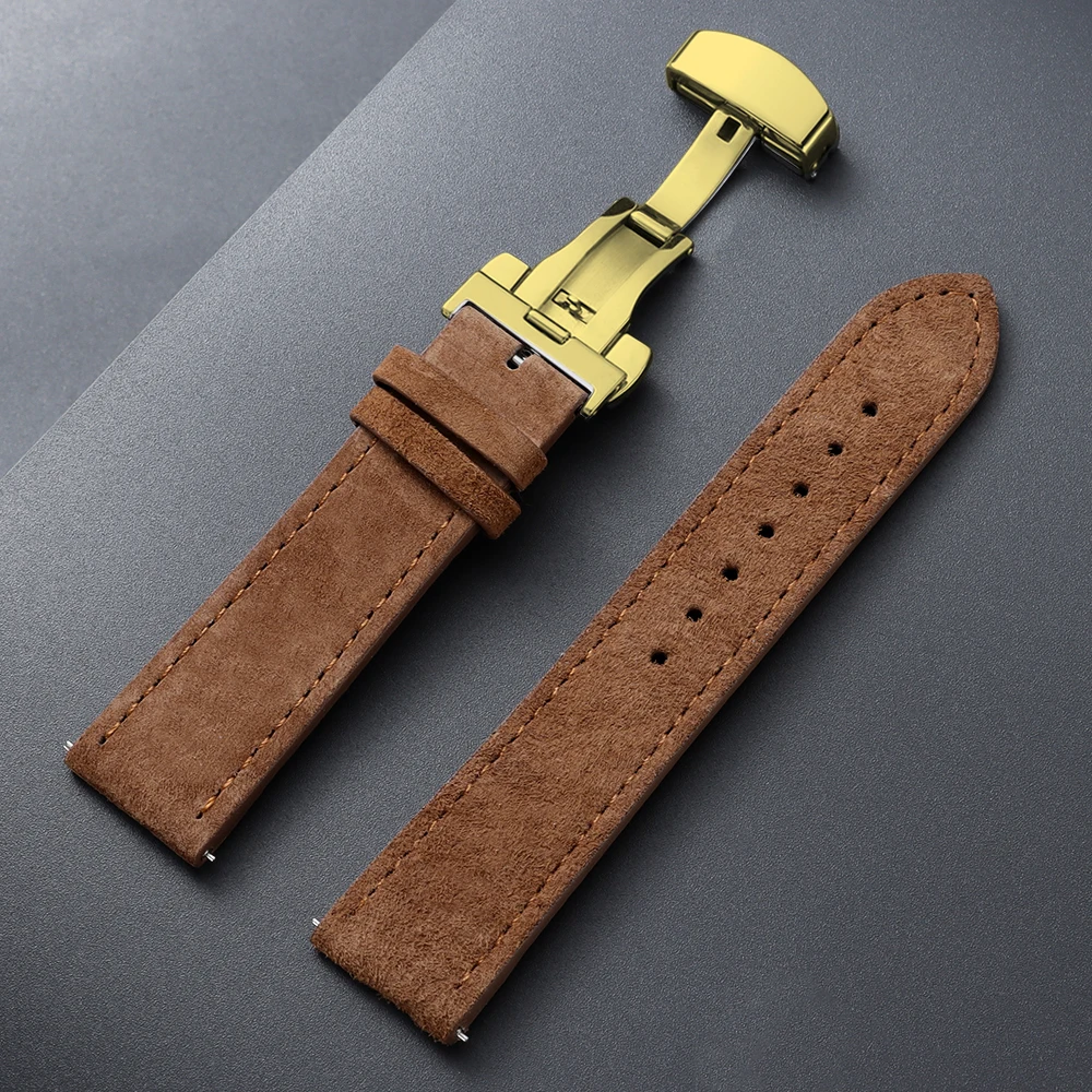 Vintage Suede Cowhide Watch Strap with Butterfly Buckle Bracelet - Sport Wristband