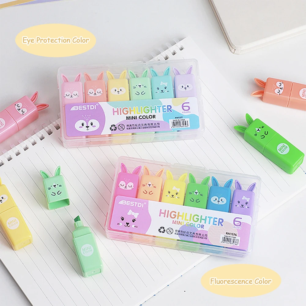 6Pcs/Set Kawaii Stationery Cartoon Animals Highlighter Macaron Cute Oblique Tip Marker Scrapbooking Diary Fluorescent Pen