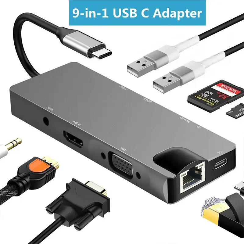 

9 In 1 Docking Station High Speed 5 Gbps Laptop Type Usb C Hub to HDMI-compati PD TF SD Card Reader USB 3.0 2.0 Usb Hub Adapter