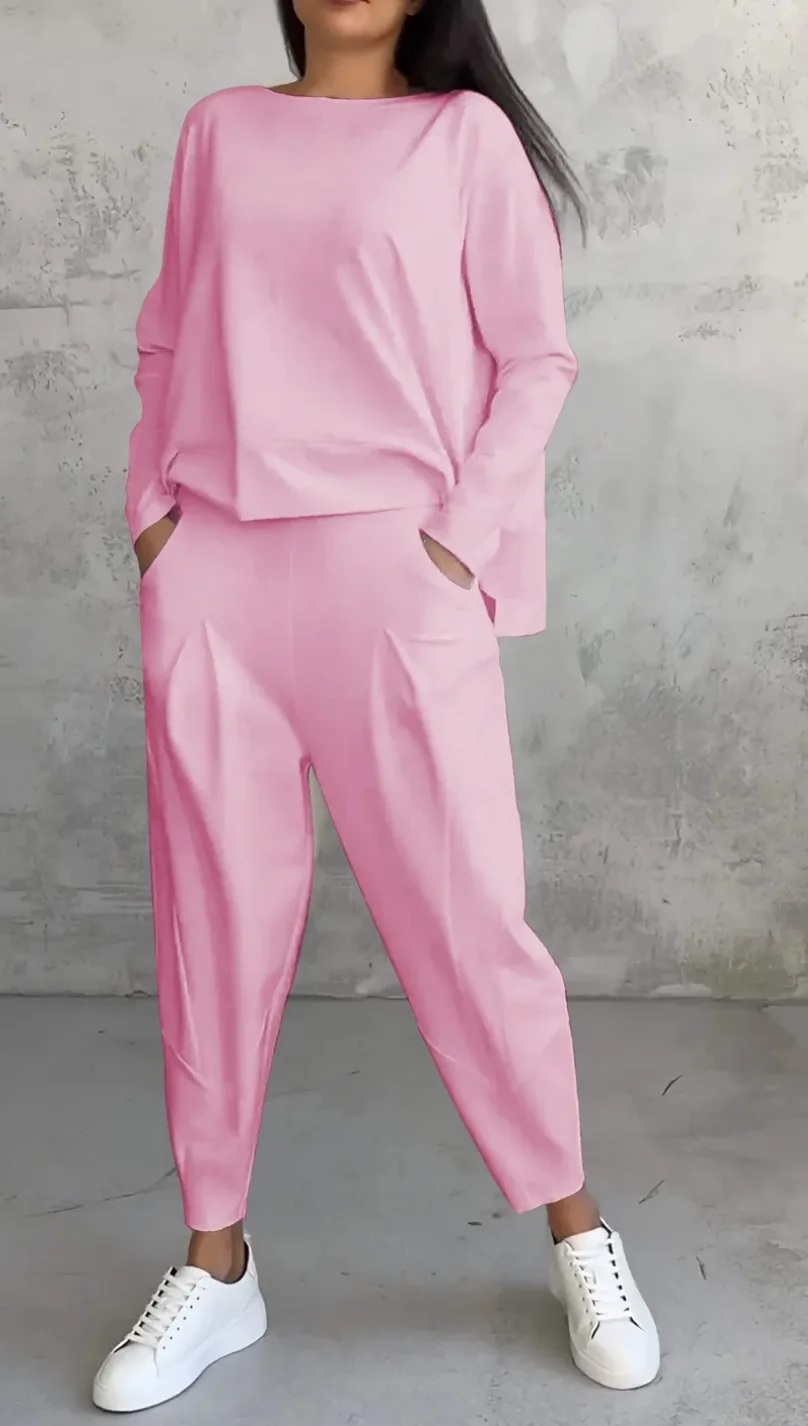 Women’s trousers suit – 2-piece O-neck long sleeve T-shirt with solid color loose trousers and pockets pink