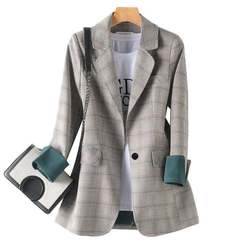 Blazers New Fashion Business Interview Plaid Suits Women Work Office Ladies Long Sleeve Spring Casual Blazer Women Blazer grey stripe blazer single button long sleeve office lady slim work suits women plus size formal blazers interview business suits