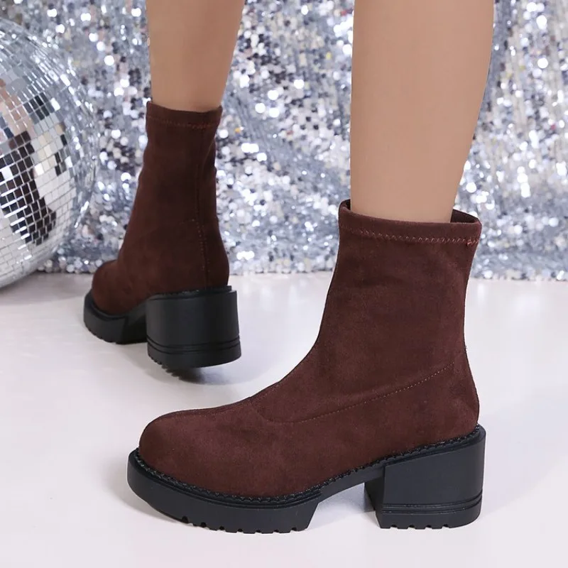 Women's Suede Platform Ankle Boots Round Toe Block Heel Casual_voghion.com