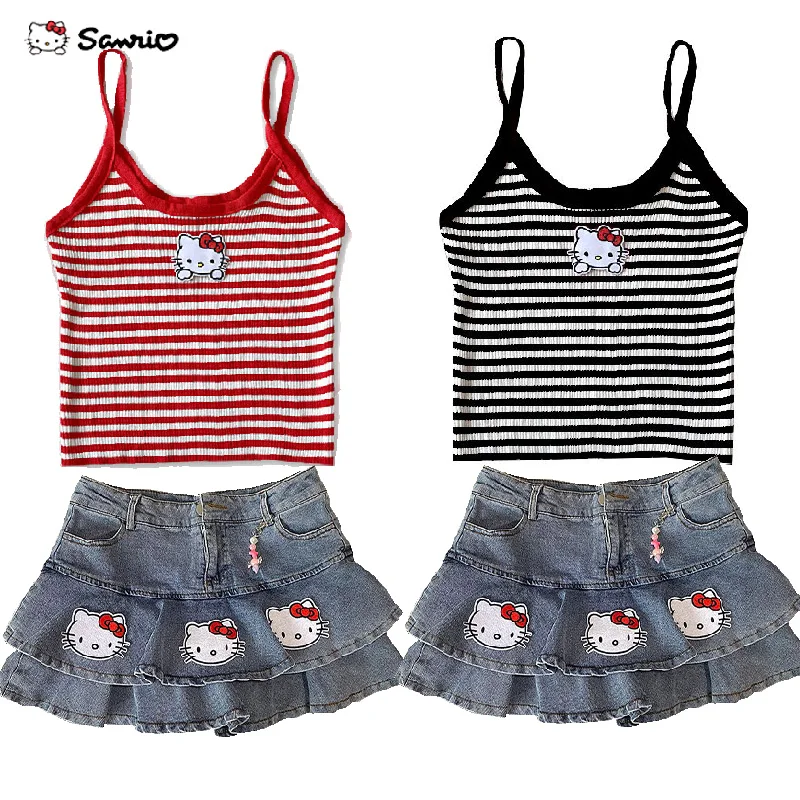 

2pcs Sanrio Summer Sexy Top Tank Top Short Skirt Set Fashion Y2k Sleeveless Crop Tank Top Retro Denim Short Skirt College Style