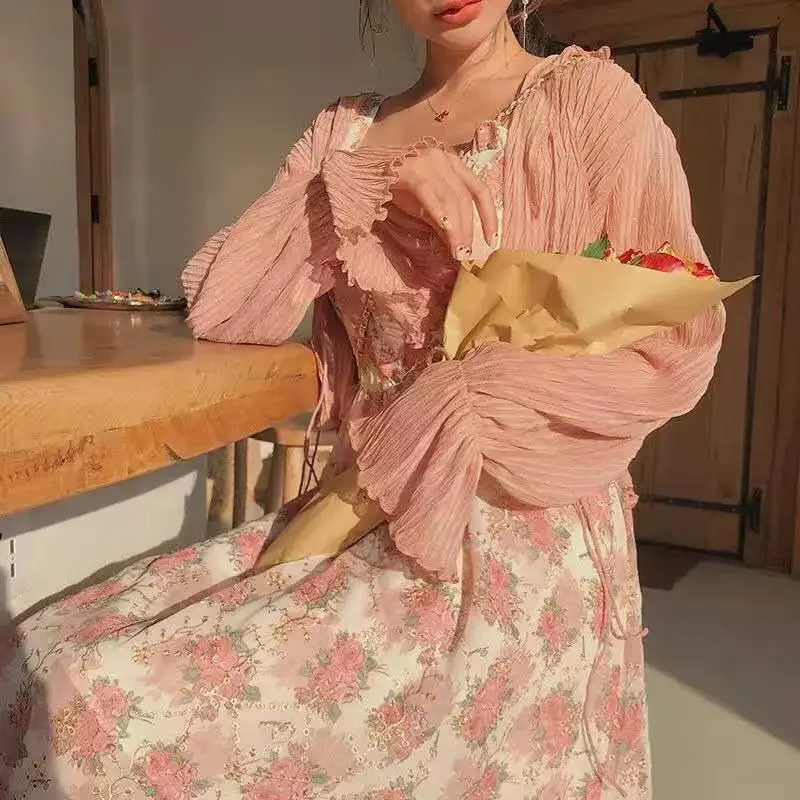 Summer French Sweet Fairy Dress Women Elegant Pearl Button Floral Print Ruffles Party Female Kawaii Korean Cottagecore Dresses
