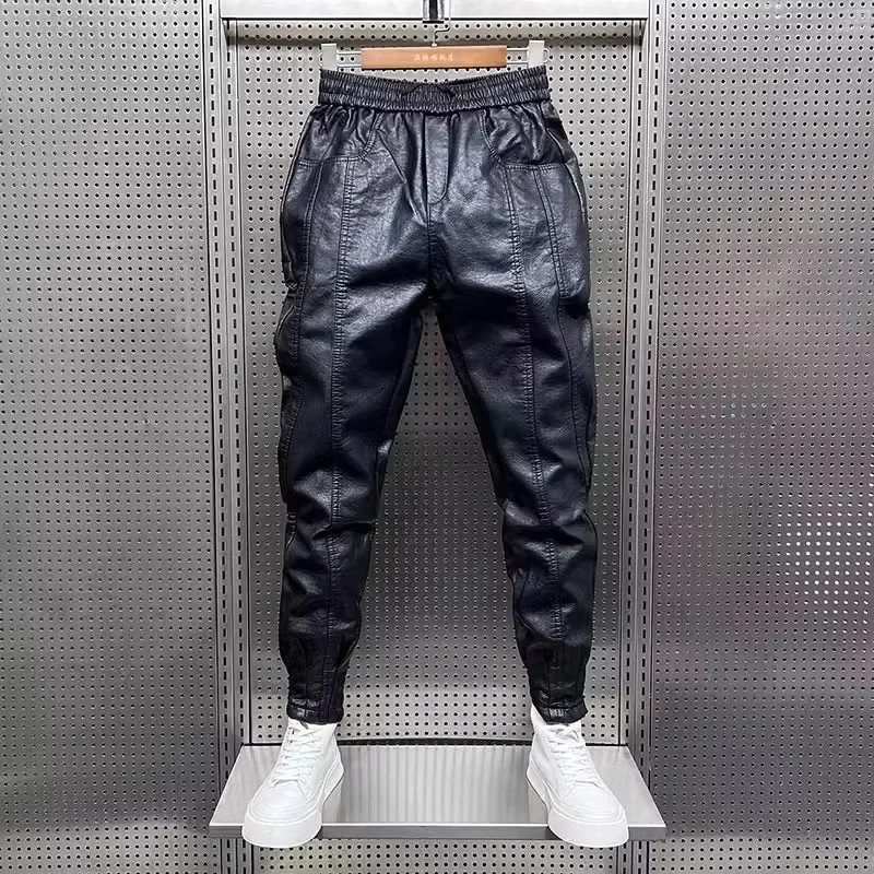 Men Trousers Leather Pants Winter Thickened Fleece-lined Casual Pants For Men Trendy Pu Leather Ankle-length Motorcycle Pants