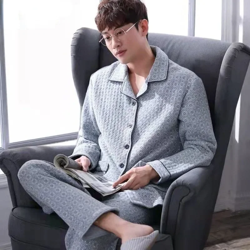2024 New Autumn Winter Warm Air Cotton Sandwich Pajamas Men's Thick Pure Cotton Long-Sleeved Homewear Suit Cardigan Plus Size