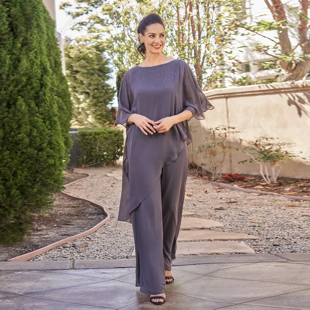 

Romantic Chiffon Mother of Bride Dresses with Beading Half Sleeve Floor Length Simple Wedding Party Gown Robe De Soirée Summer