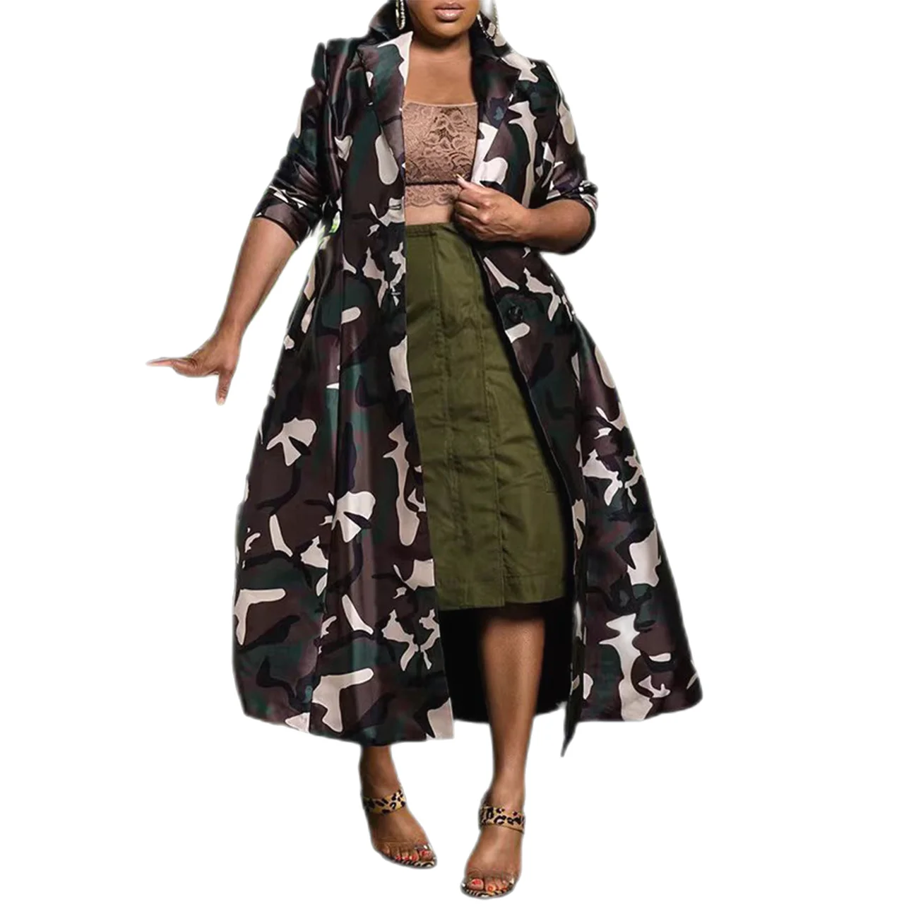 

Women Camouflage Trench Coats Casual Blazer Jackets Lapel Down Winter Long Sleeve Camo Printed Outerwear Windbreaker Cardigans
