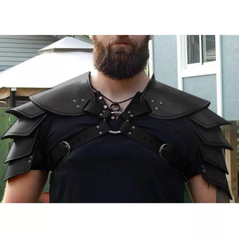 Cavaliere vichingo medievale Armatura per spalle in pelle PU Spallacci Gladiatore romano Guerriero Samurai Costume cosplay Spaulders LARP Puntelli - immagine 4