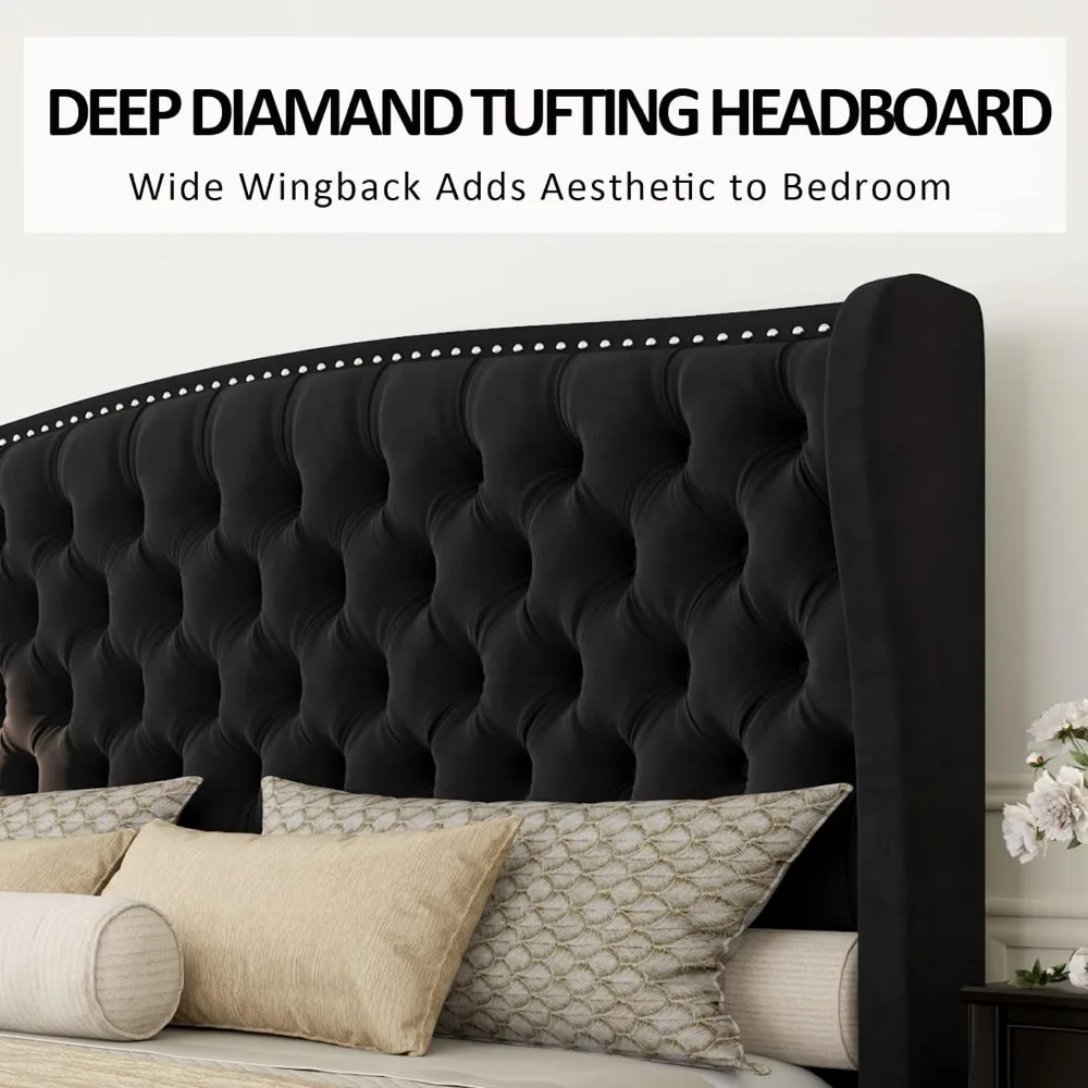 King Platform Bed Frame, Velvet Upholstered Bed with Deep Button Tufted & Nailhead Trim Wingback Headboard/No Box Spring Needed