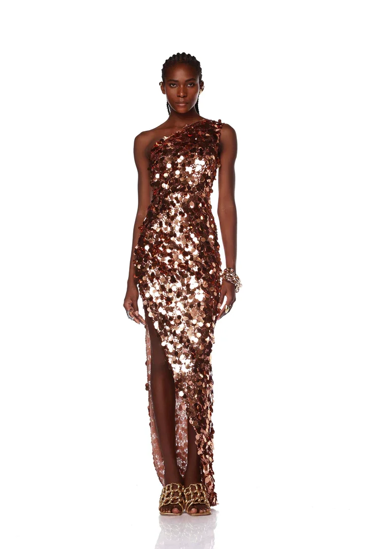 

Женское длинное вечернее платье на одно плечо, с блестками