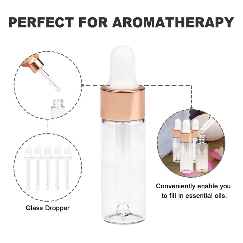20PCS 1ml 2ml 3ml 5ml Transparent Glass Sample Dropper Bottle Refillable Empty Mini Essential Oil Containers Reagent Pipettes