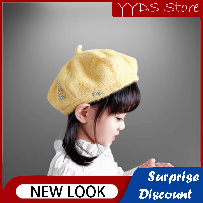 Autumn and Winter Children's Beret Knitted Wool Painter Hat Girl Newsboy Hat Solid Color Cute Girl Baby Sun Hat  Toddler Girl