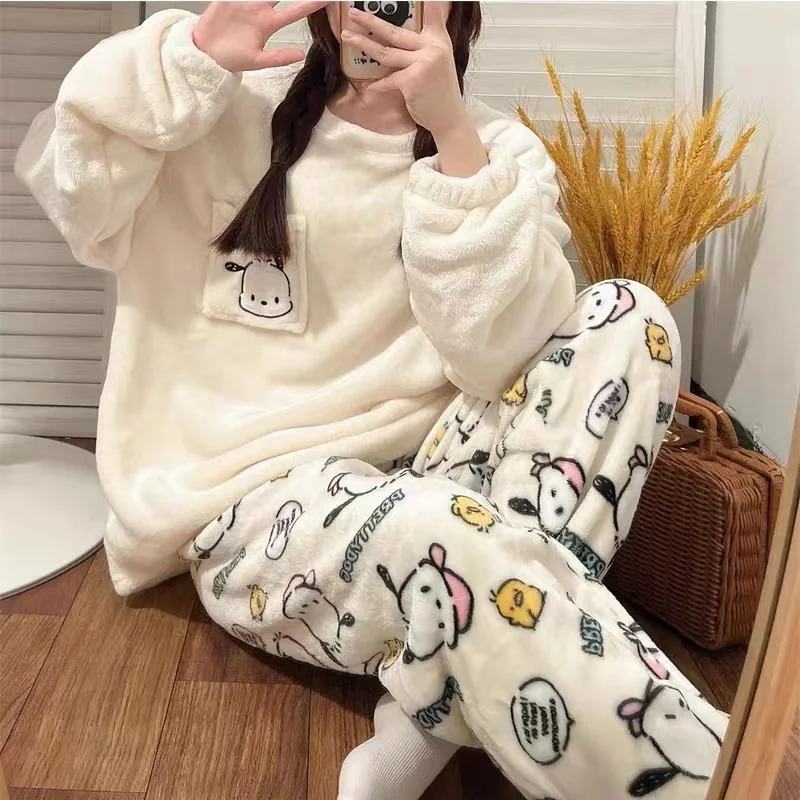 

Kawaii Sanrio Pochacco Coral Velvet Pajamas Set Cute Cartoon Y2k Kawaii HelloKitty Female Student Plush Homewear Anime Gifts