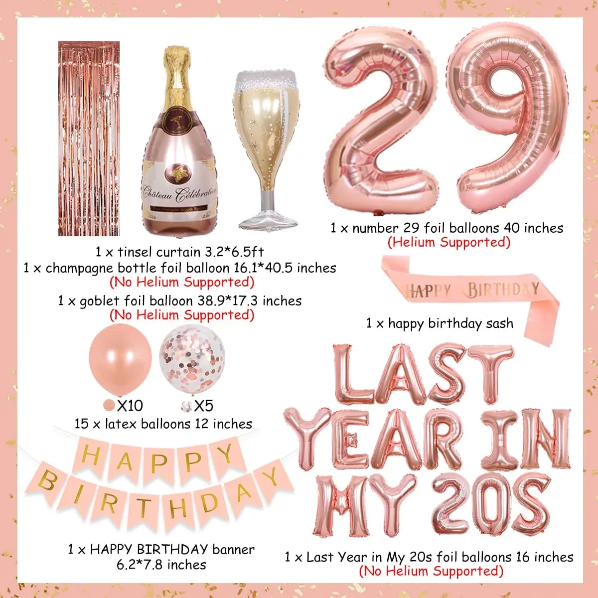 CHEEREVEAL 29th 30th 생일 파티 장식 Foil Balloons 로즈 골드 슬리버 내 20 년대에 작년 배너 Happy Birthday Sash