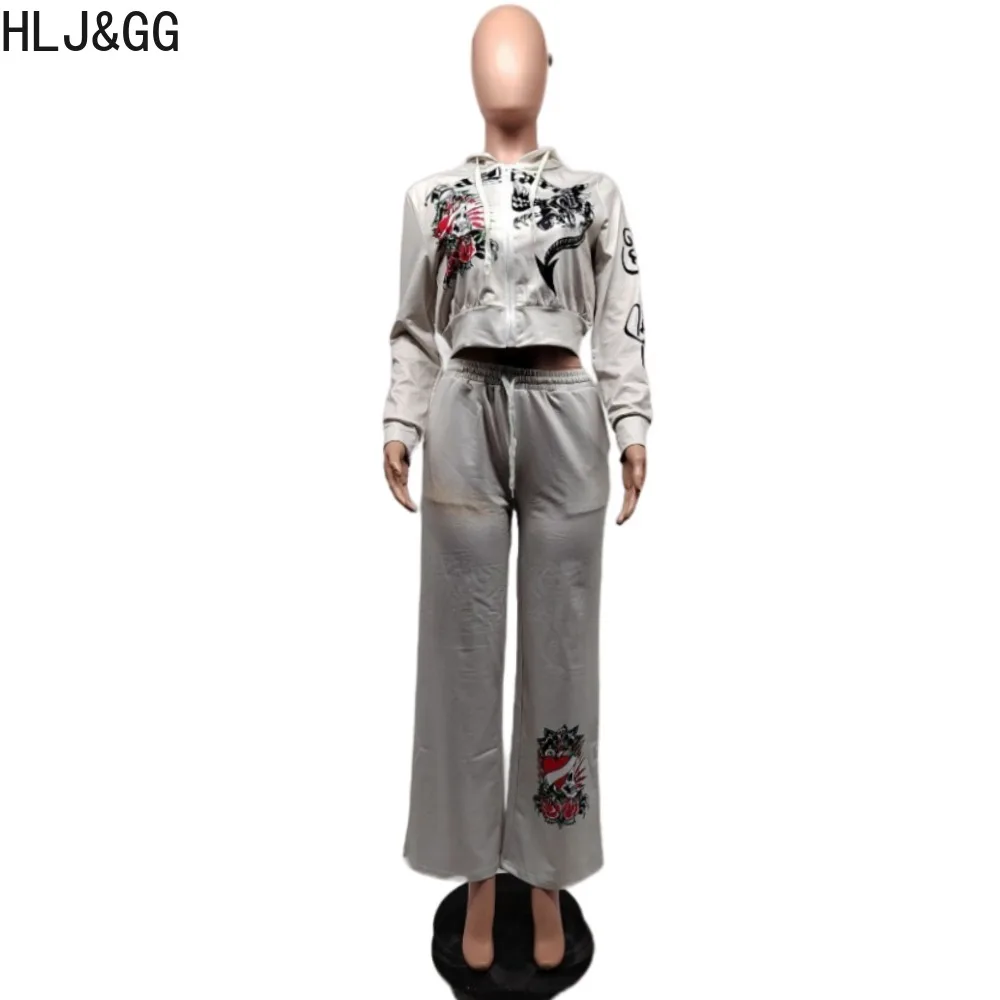 HLJ&GG Fashion Streetwear Women Pattern Printing Zipper Long Sleeve Crop Top And Jogger Pants Two Piece Sets Casual 2pcs Outfits