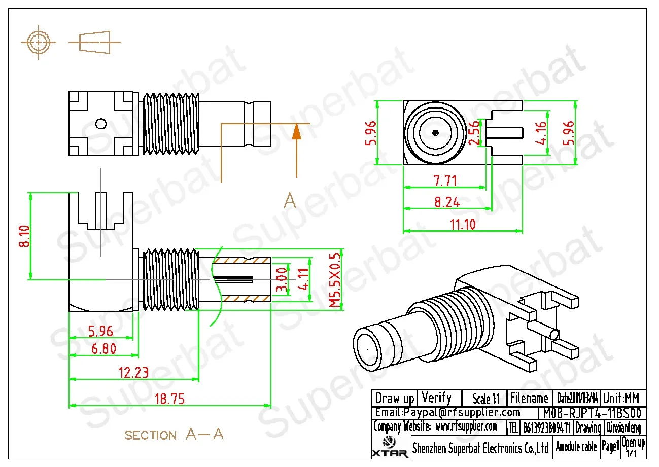 Superbat 75 ohm 1.0/2.3(CC4/SSA) thru hole Female Bulkhead Right Angle Vertica RF Coaxial Connector