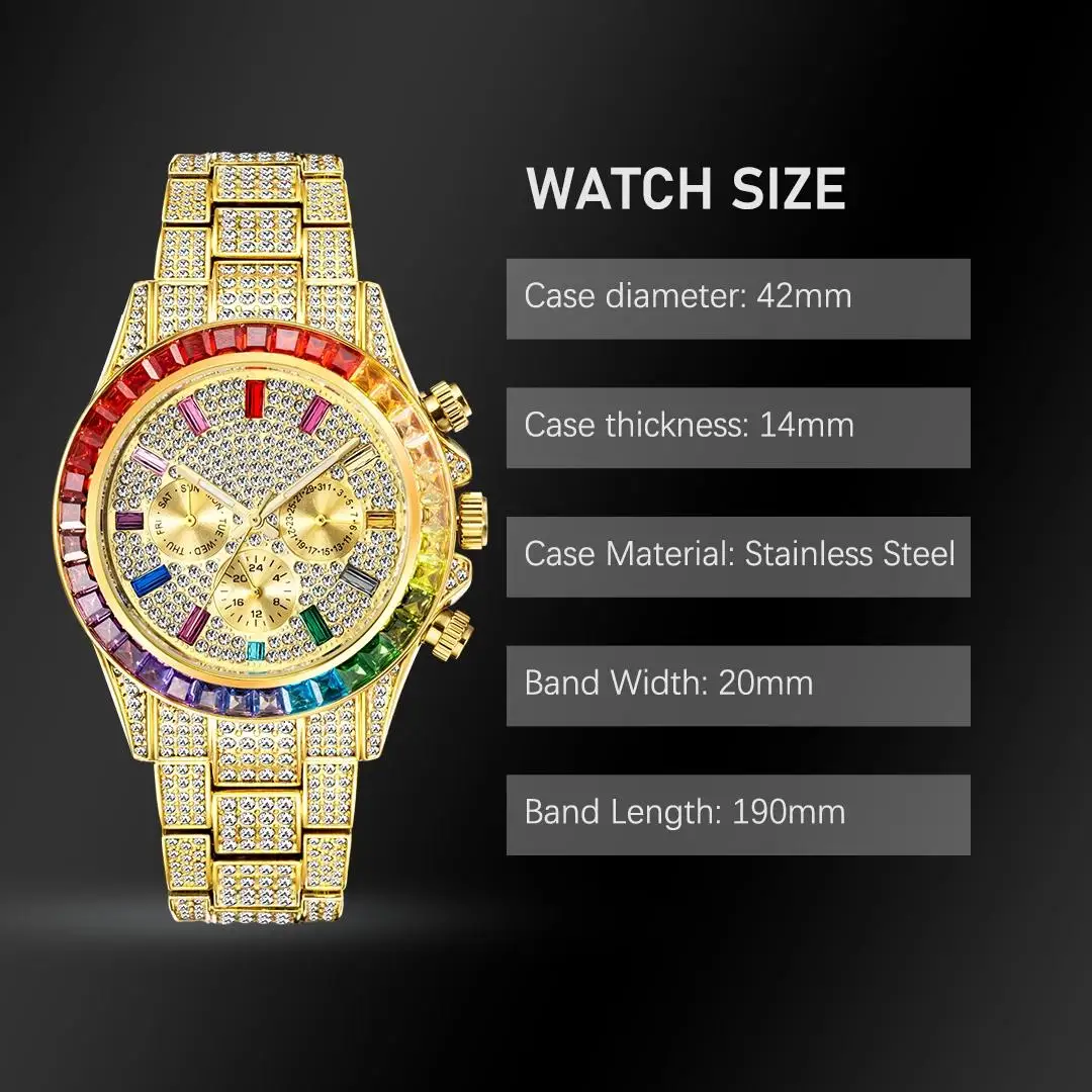 2022 Luxury Brand MISSFOX Gold Hip Hop Watches Men Fashion Rainbow Diamond Waterproof Smart Watch Full Steel Sports Clocks Male images - 6