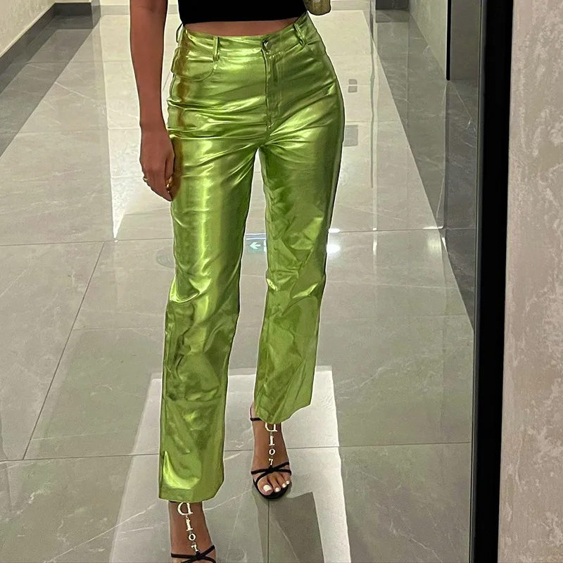 

Shiny Gilding PU Leather Pants Women High Waist Button Fly Straight Trousers Fashion Casual Streetwear Y2K Clothes Bottom