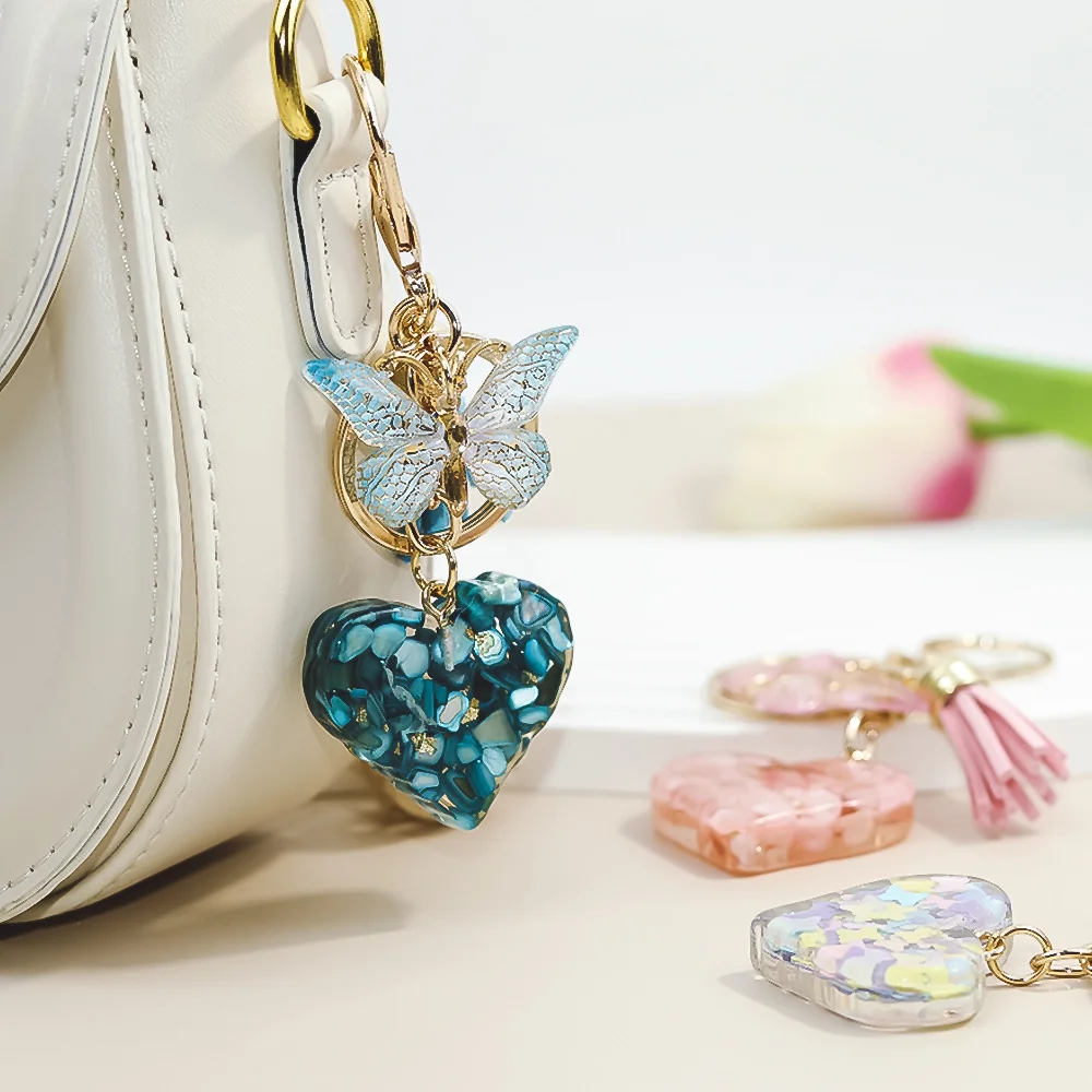 Porte-clés Cœur Femme En Résine Epoxy – Avec Pendentif Papillon Et Pampille, Cadeau Romantique Pour Sac Ou Clés