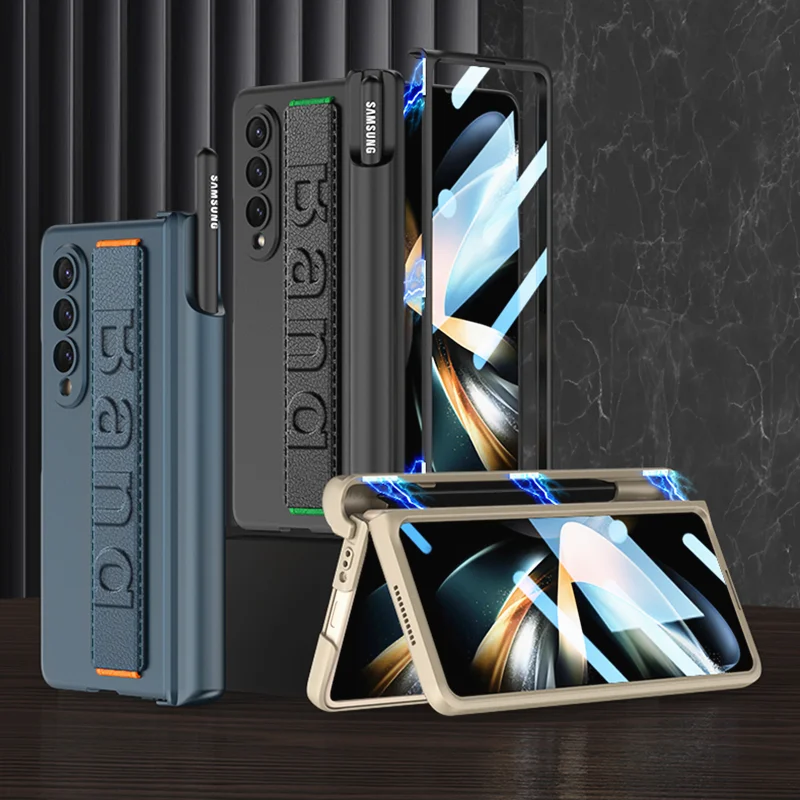 

Чехол на запястье для Samsung Galaxy Z Fold 4 3, чехол с магнитным шарниром и держателем для ручки, жесткий чехол из поликарбоната с пленкой для экрана (без ручки)