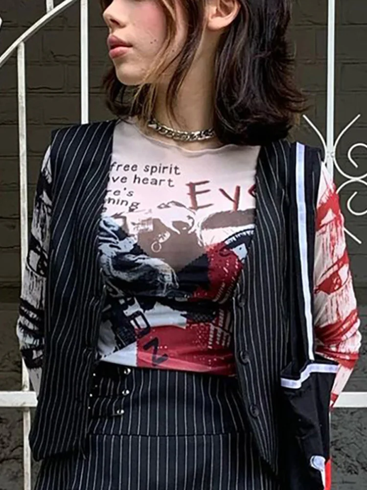 Women's Gothic Graphic Print Crop Top with Sheer Long Sleeves and Y2K Accessories