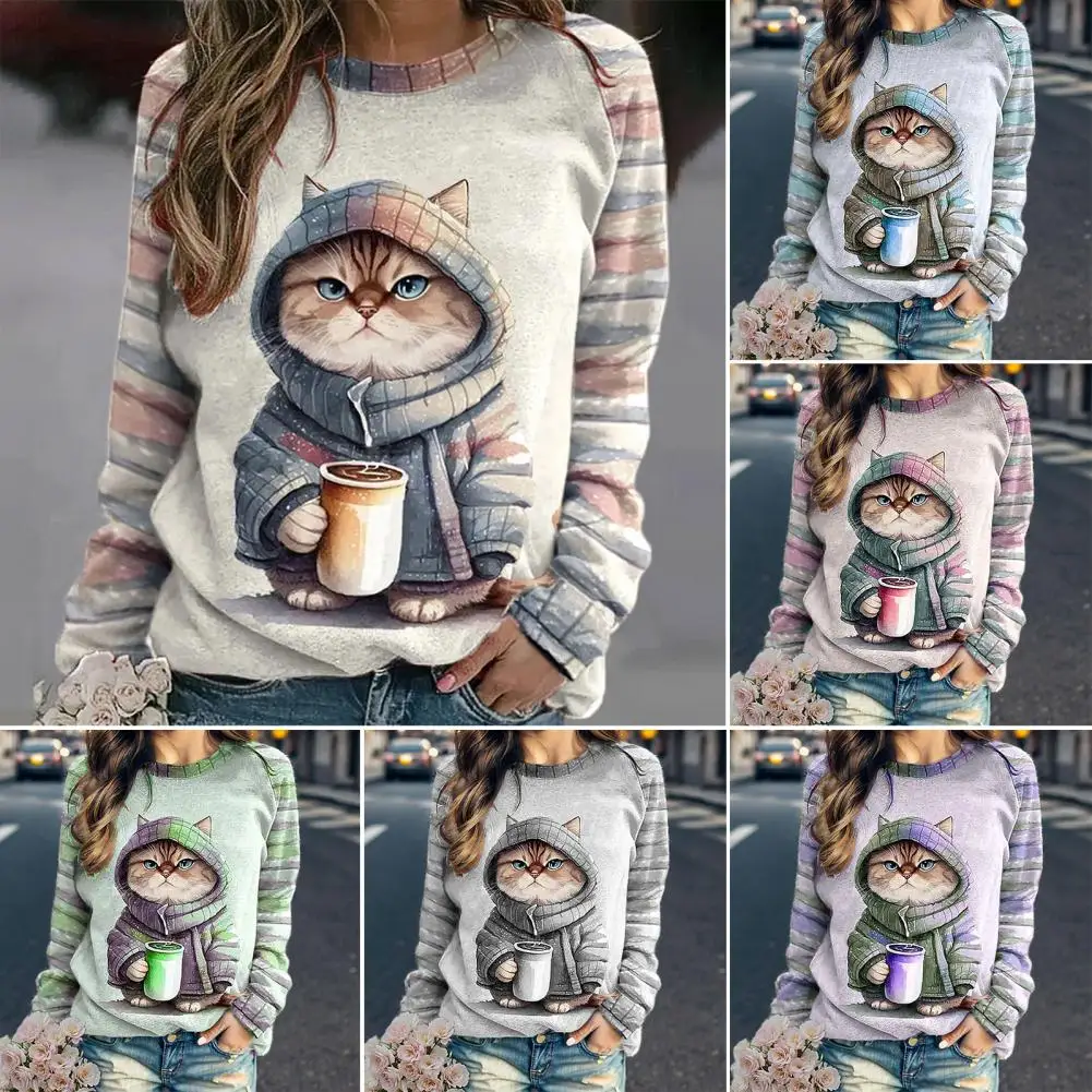 

Leisurewear Sweatshirt Cartoon Cat Print Women's Loose Fit Sweatshirt Round Neck Long Sleeve Pullover Top for Autumn Winter Long