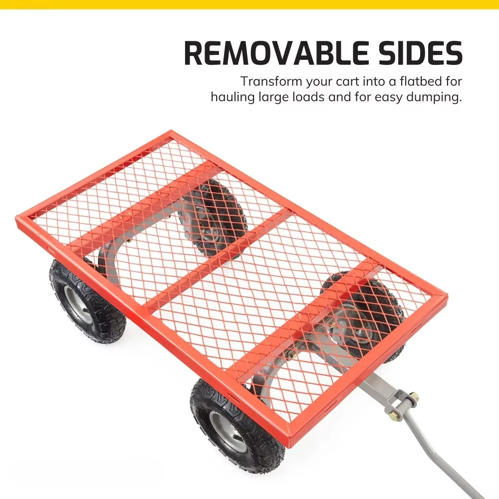 800 Pound Capacity Steel Utility Cart, Flatbed Gardening Cart, Outdoor Yard Wagon with Tow Handle and Removable Sides, Red