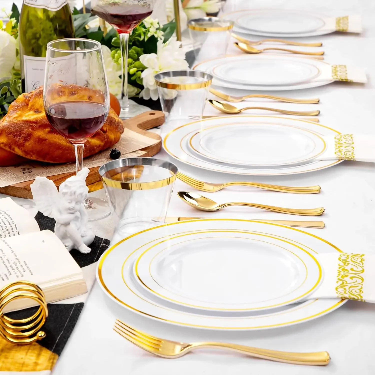 350PCS Gold Plastic Dinnerware Set-Gold Plastic Plates Disposable for 50 Guests Include 50 Dinner Plates,50 Dessert Plates