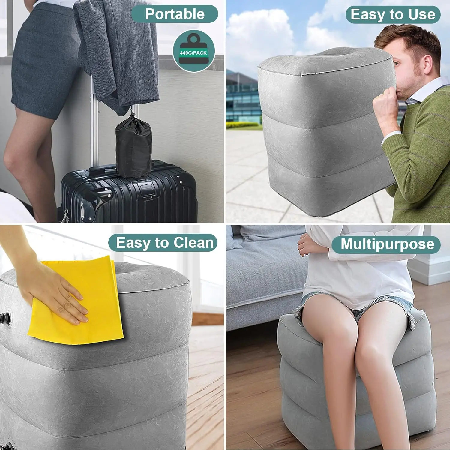 Airplane Foot Rest Travel Foot Rest Pillow Inflatable Travel Foot Rest for Airplanes Adjustable Height 3-Layer Ergonomic Folding 6