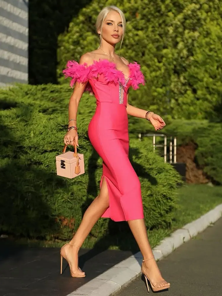 

Sexy Summer Cocktail Evening Party Dress Women's Fashion Card Shoulder Sleeve Feather Design Bodycon Knee Length Bandage Dresses